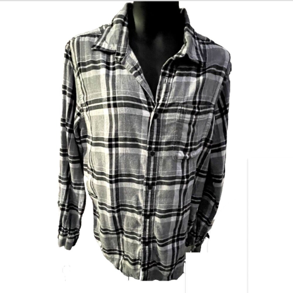 American Eagle Flannel Shirt M Women's Button Down Grey Black White Plaid